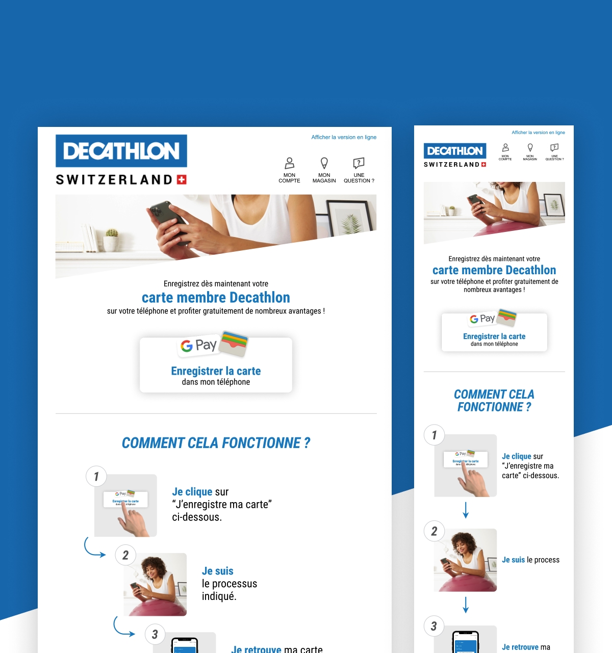 Maquette de newsletter Decathlon Switzerland expliquant comment enregistrer sa carte de membre - Chiche communication
