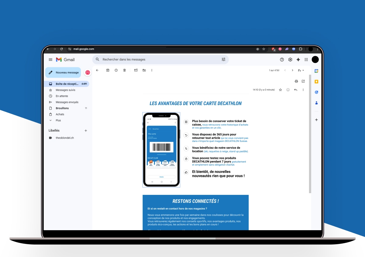 Maquette d'un e-mail Decathlon ouvert dans Gmail présentant les avantages de la carte de membre - Chiche communication