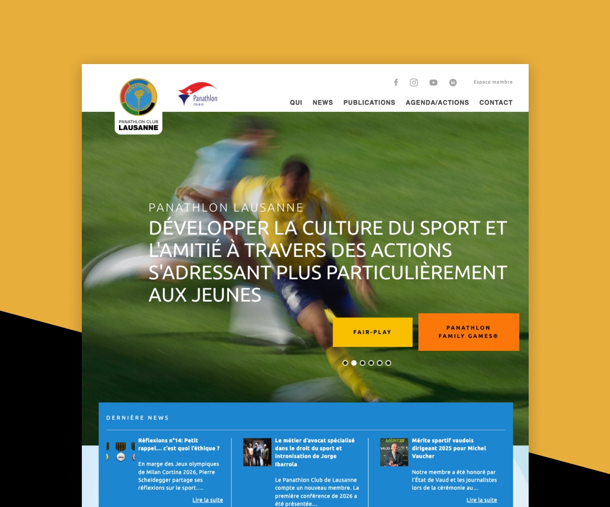 Page d'accueil du site Panathlon Lausanne avec une image de football floutée et les dernières actualités - Chiche communication