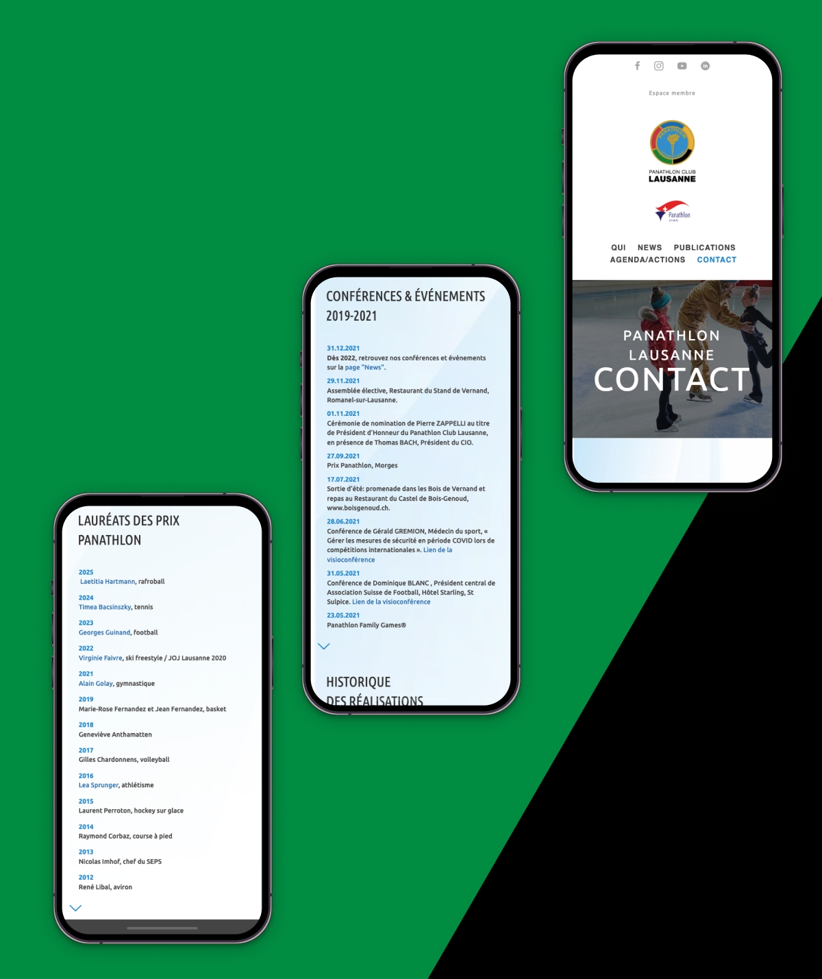 Trois smartphones affichant la liste des lauréats, l'agenda des événements et la page de contact - Chiche communication
