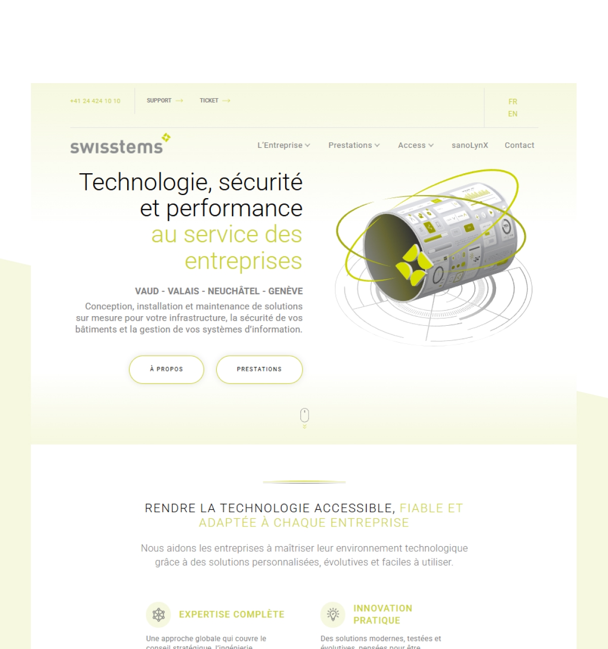 Page d'accueil du site Swisystems présentant des solutions technologiques et de performance - Chiche communication