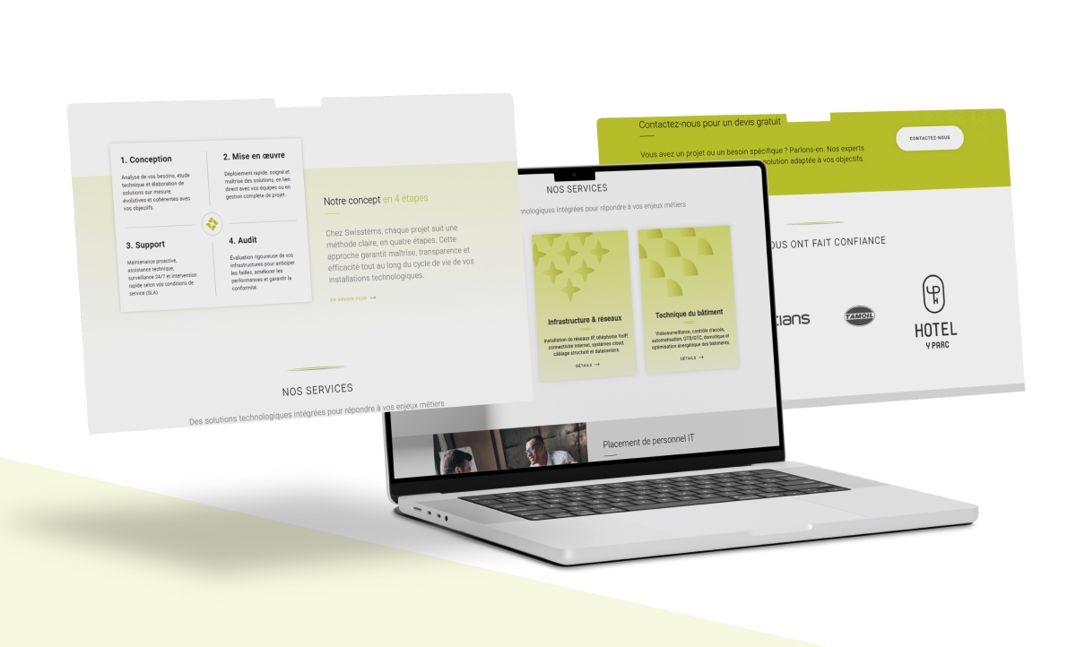 Ordinateur portable entouré de fenêtres flottantes détaillant les services et solutions IT - Chiche communication