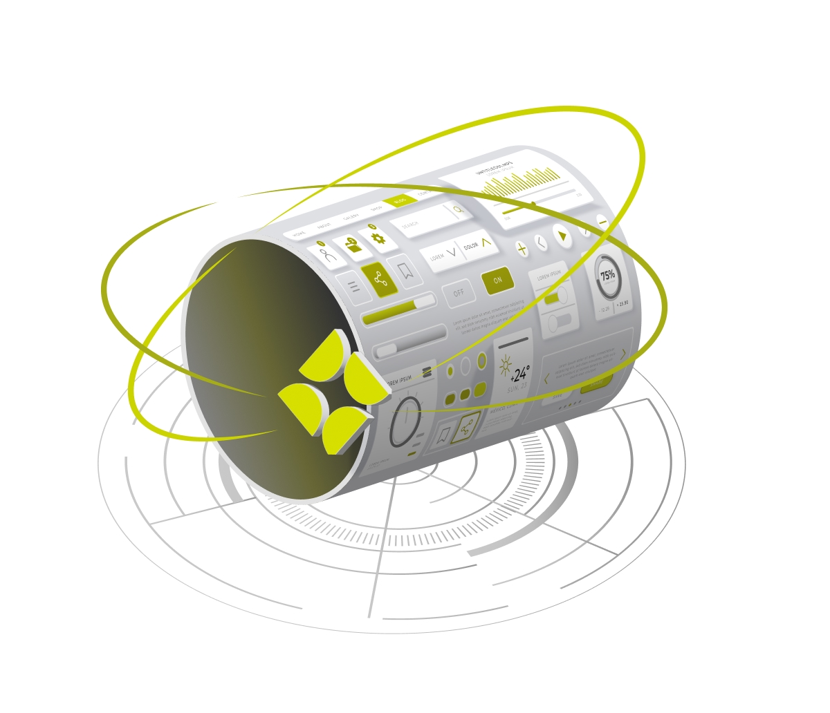 Illustration graphique d'un cylindre technologique futuriste entouré d'orbites lumineuses - Chiche communication