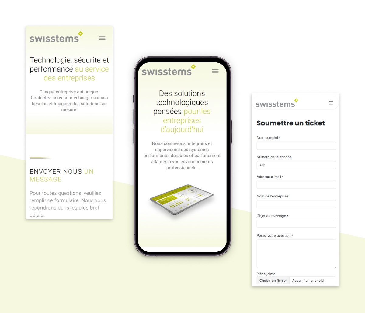 Interfaces mobiles du site web avec un formulaire de contact et des pages de présentation - Chiche communication