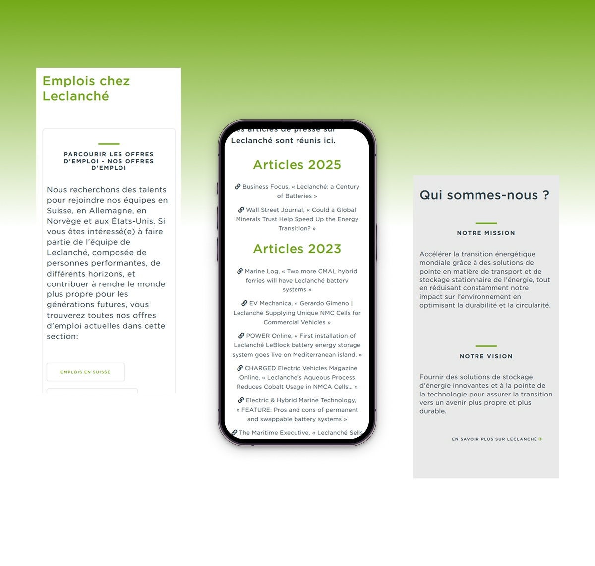 Interface mobile et colonnes de texte de présentation Leclanché - Chiche communication