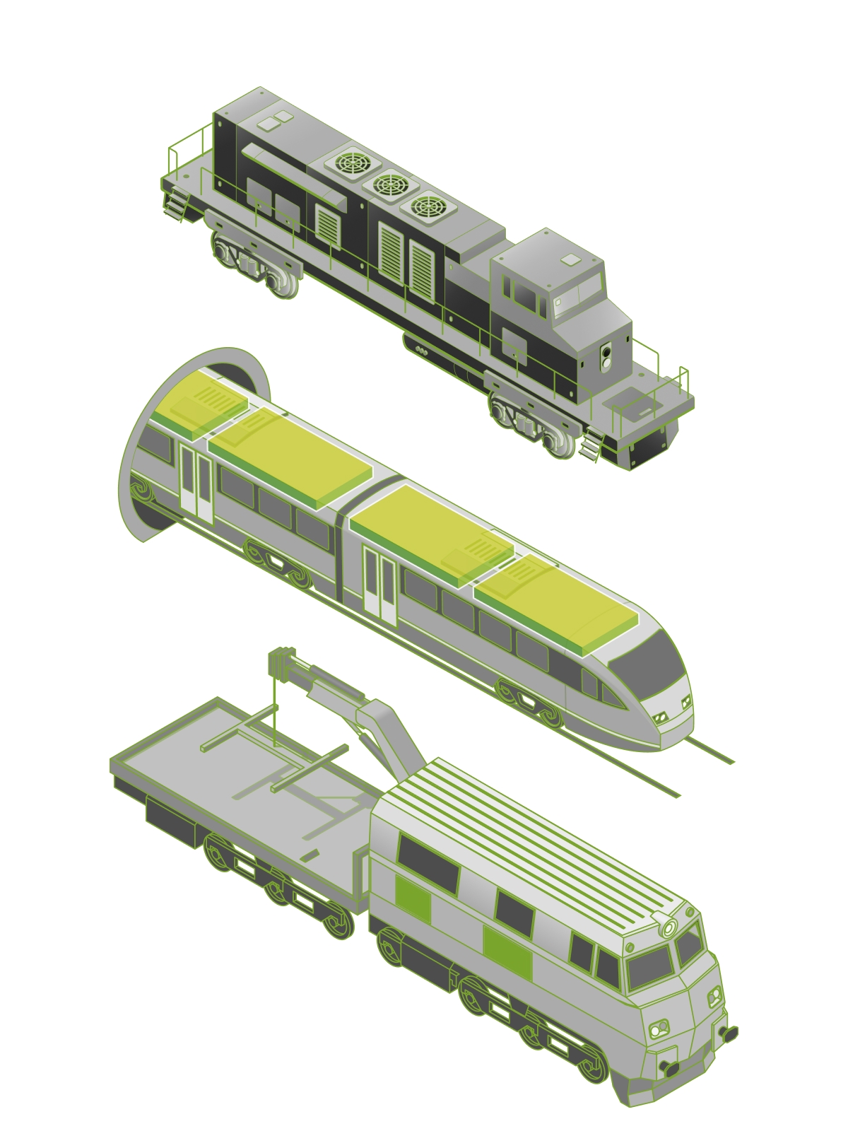Vue isométrique de trois types de trains électriques (fret et passagers) - Chiche communication