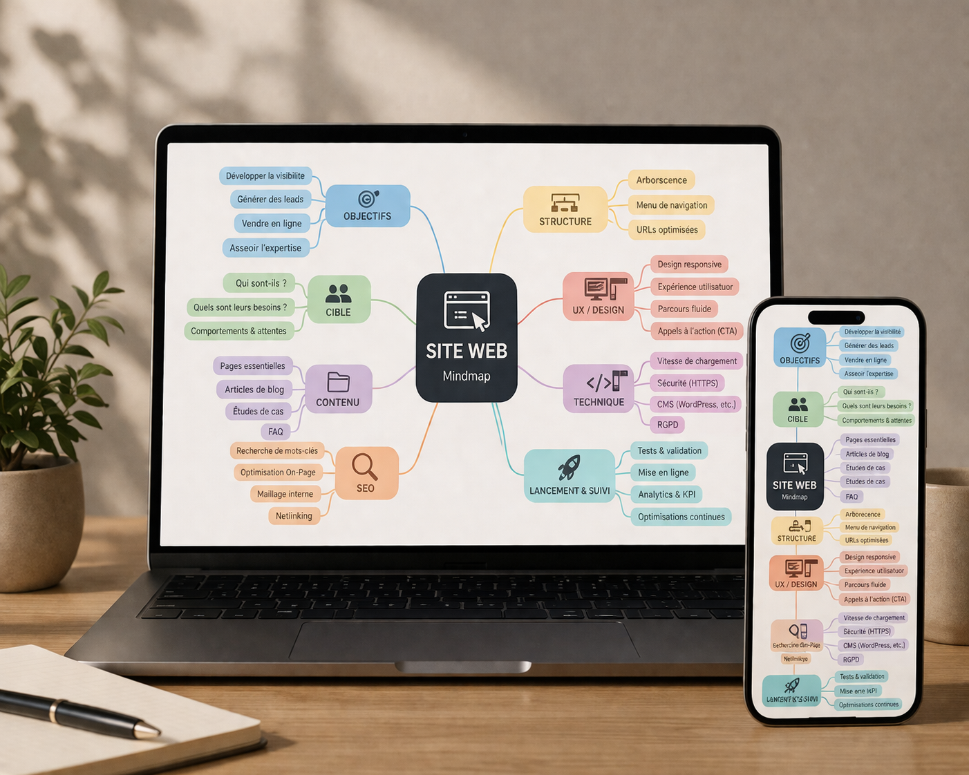 Ordinateur portable et smartphone affichant une mindmap de création de site web, SEO, UX et stratégie digitale sur bureau