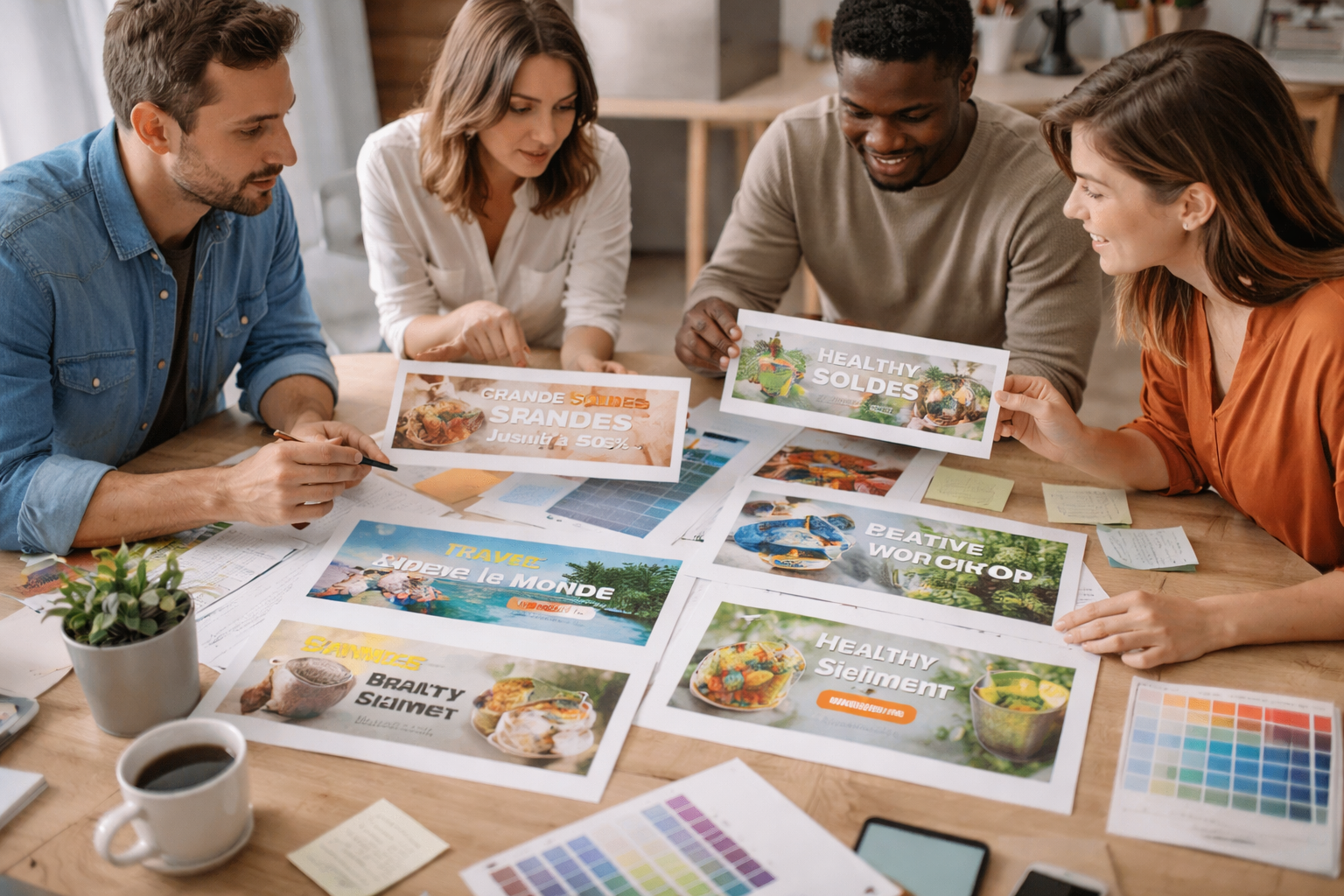 Équipe marketing analysant des visuels publicitaires imprimés, sélection et création de contenus visuels pour campagnes digitales