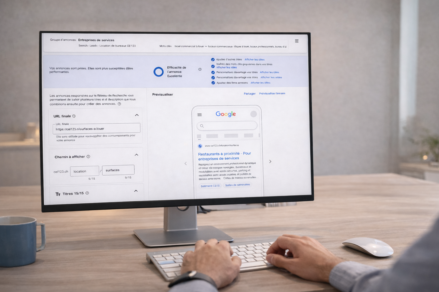 Personne travaillant sur ordinateur affichant une interface Google Ads, mains sur clavier et souris dans un bureau épuré