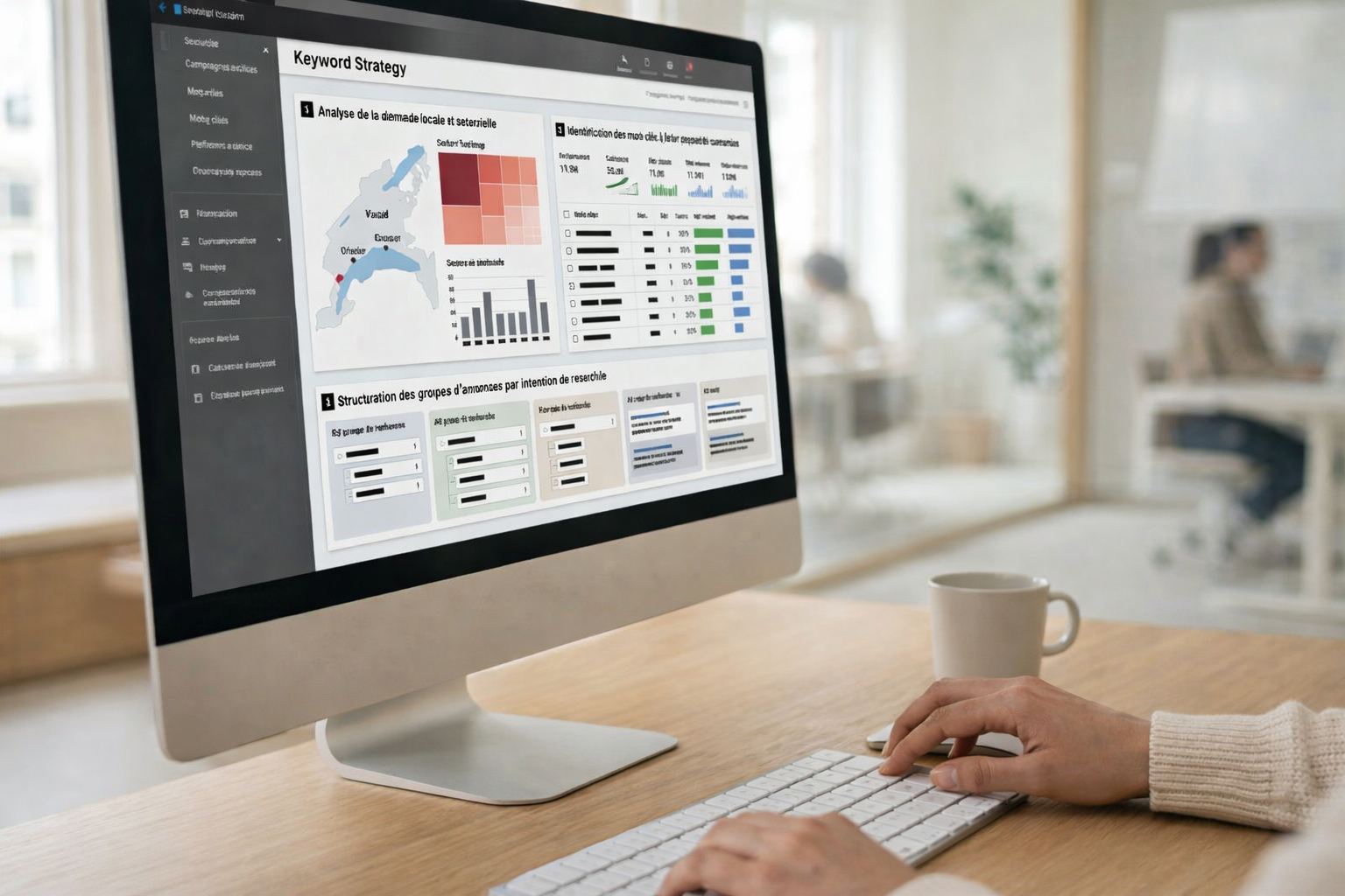 Analyse de stratégie de mots-clés SEO sur écran d’ordinateur, tableau de bord marketing avec données et performances