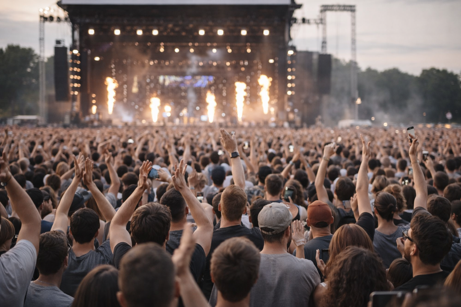 Foule en concert devant une grande scène en plein air, bras levés et ambiance live intense au coucher du jour