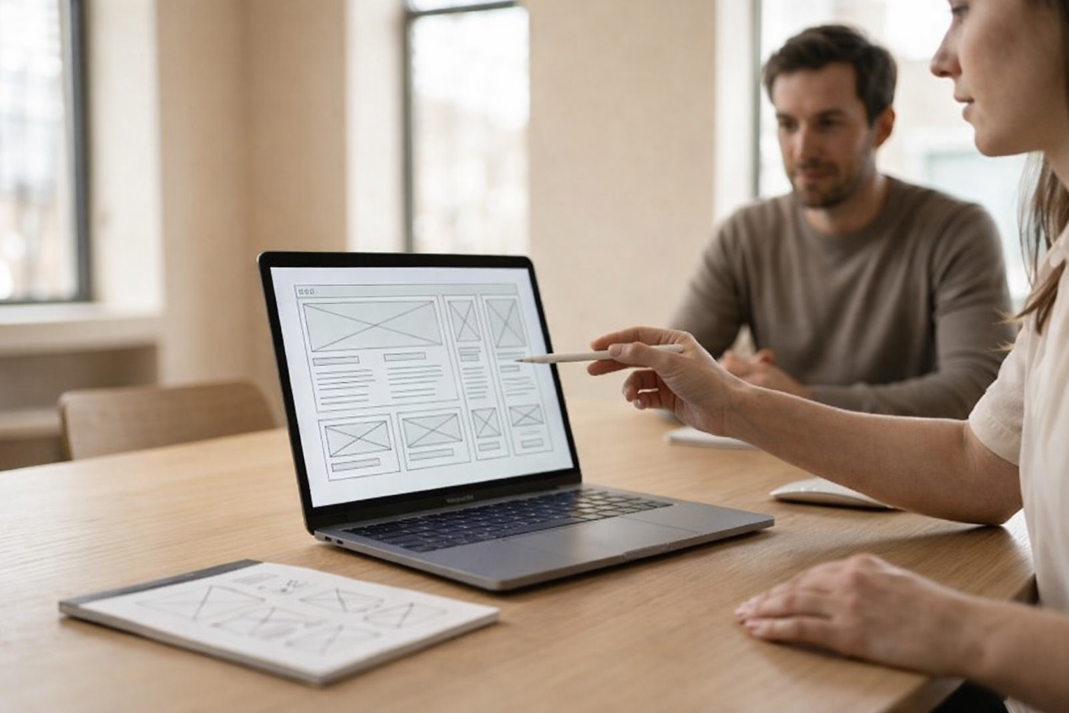Collaboration autour d’une maquette web sur ordinateur portable, échange UX sur la structure d’une interface digitale
