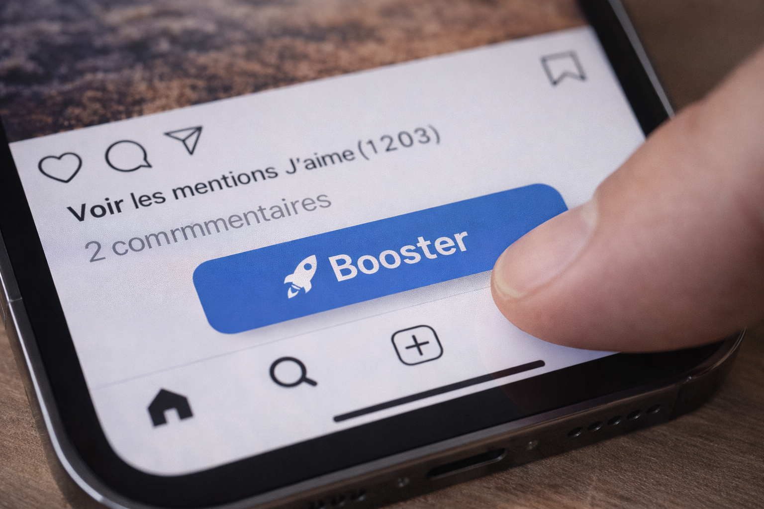 Doigt appuyant sur un bouton Booster sur une publication Instagram, illustration de la promotion sponsorisée sur mobile