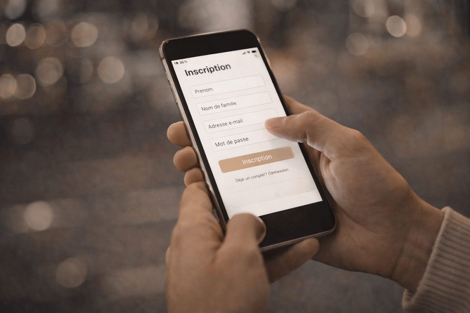 Utilisateur remplissant un formulaire d’inscription sur smartphone, saisie de données personnelles sur interface mobile optimisée