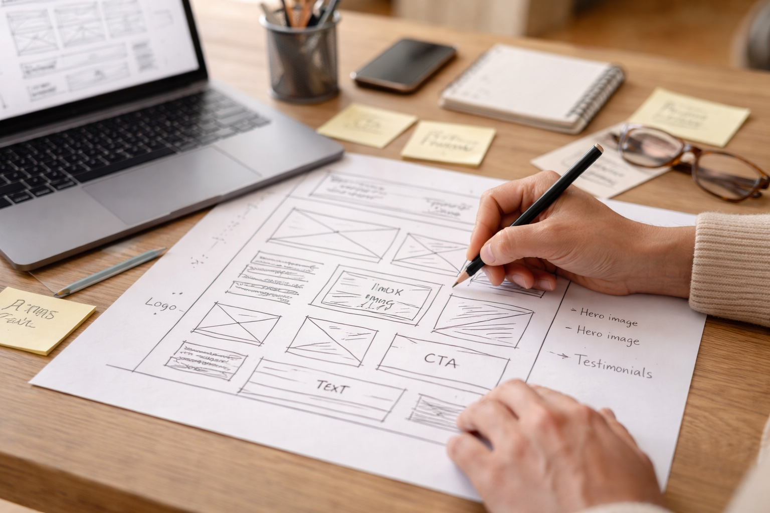 Conception de maquette web sur papier avec wireframe, organisation UX et éléments clés d’une page optimisée