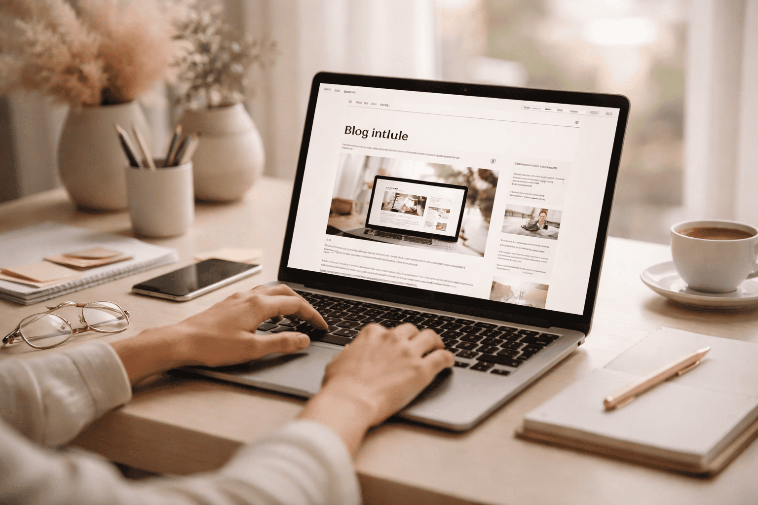 Personne rédigeant un article de blog sur ordinateur portable dans un espace de travail lumineux avec carnet et café