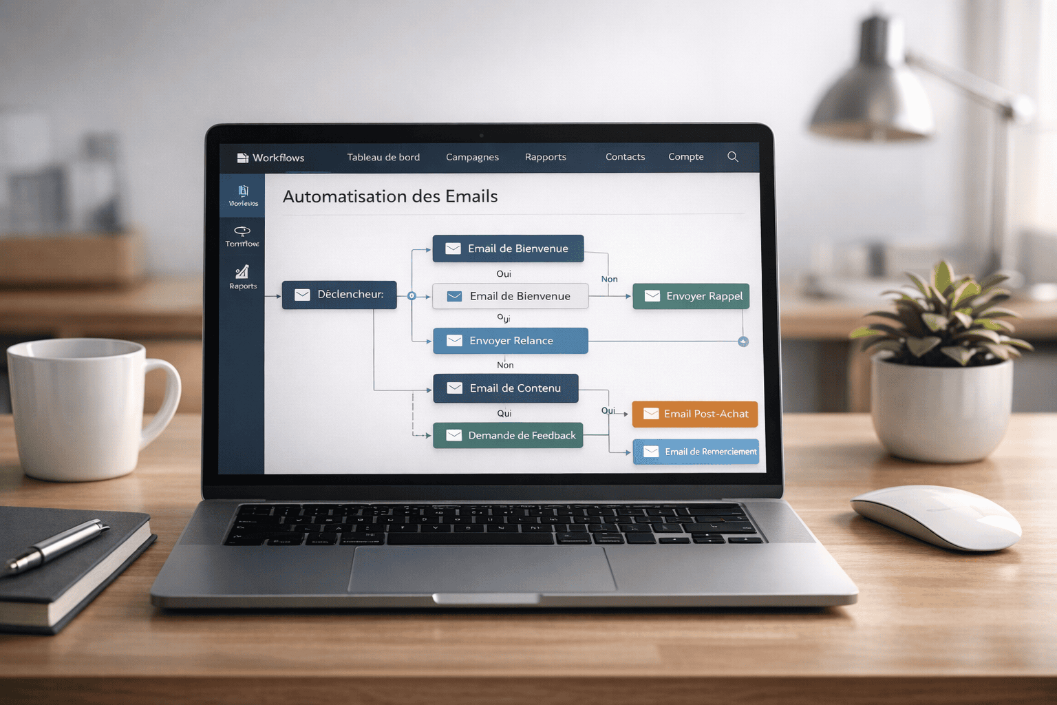Ordinateur portable affichant un workflow d’autatisation des e-mails marketing sur un bureau, symbole de campagne CRM automatisée