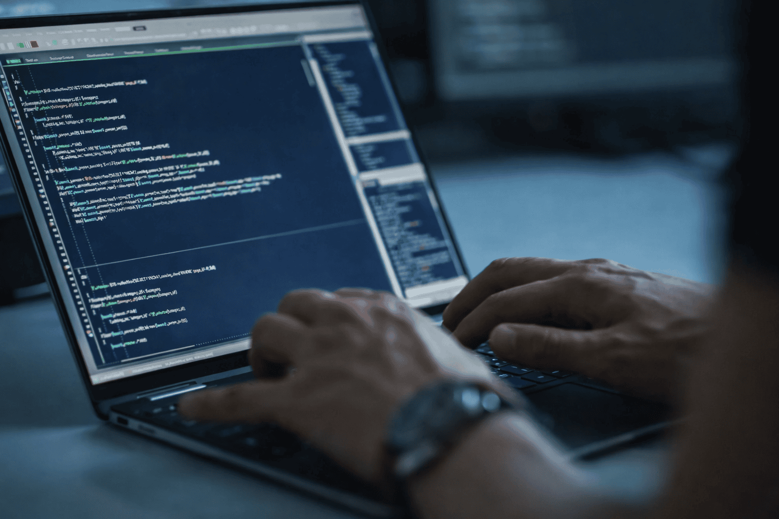 Développeur en train de coder sur ordinateur portable, avec interface de programmation affichant du code informatique à l’écran