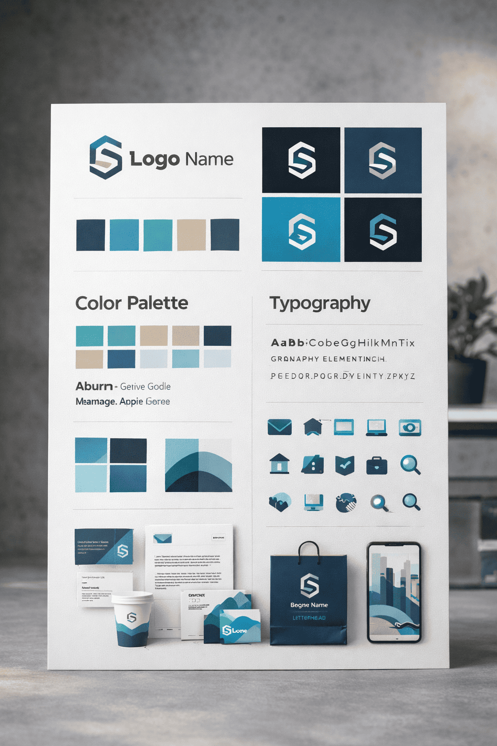 Planche d’identité visuelle présentant logo, palette de couleurs, typographie, icônes et supports de communication de marque