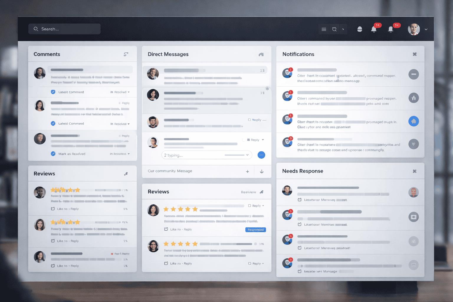 Tableau de bord de messagerie et notifications centralisant commentaires, avis clients et réponses sur une interface de gestion digitale