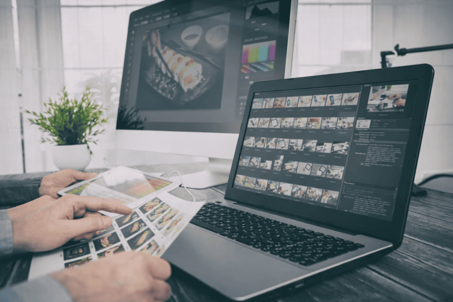 Retouche photo sur ordinateur et tablette avec galerie d’images, workflow créatif et gestion de contenu visuel