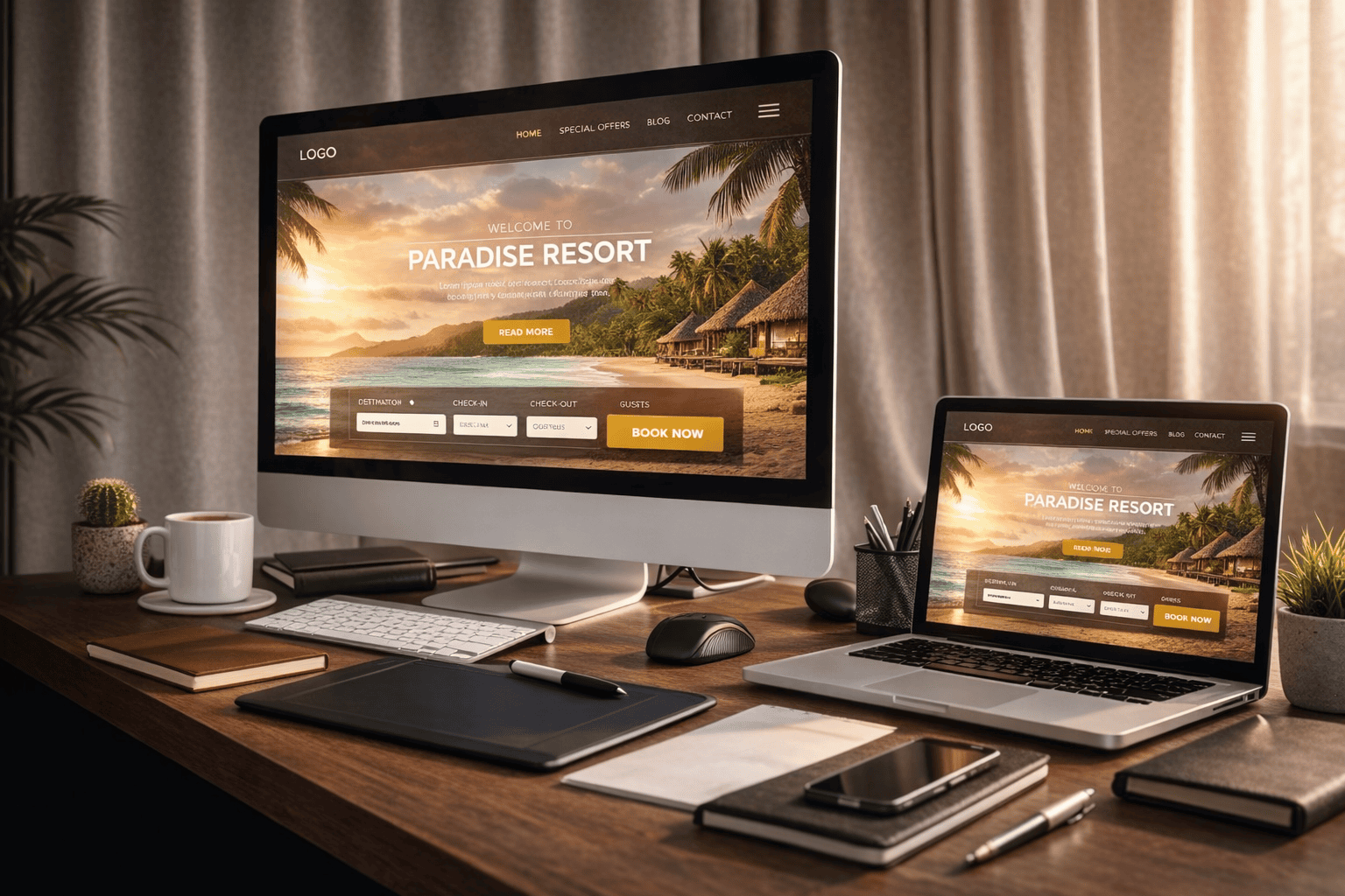 Site web de réservation d’hôtel affiché sur ordinateur et portable, illustrant un design responsive pour resort touristique