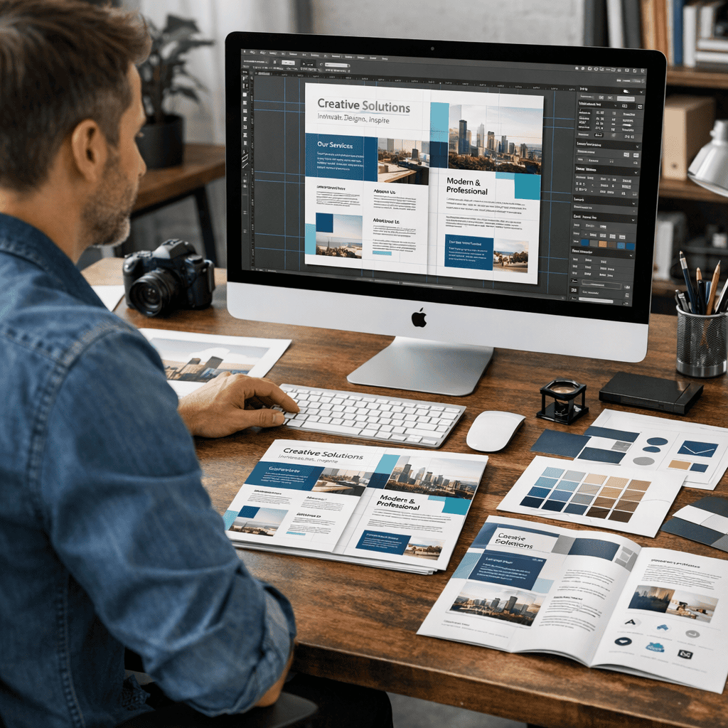 Graphiste concevant une brochure sur ordinateur avec mise en page éditoriale, charte visuelle et supports imprimés