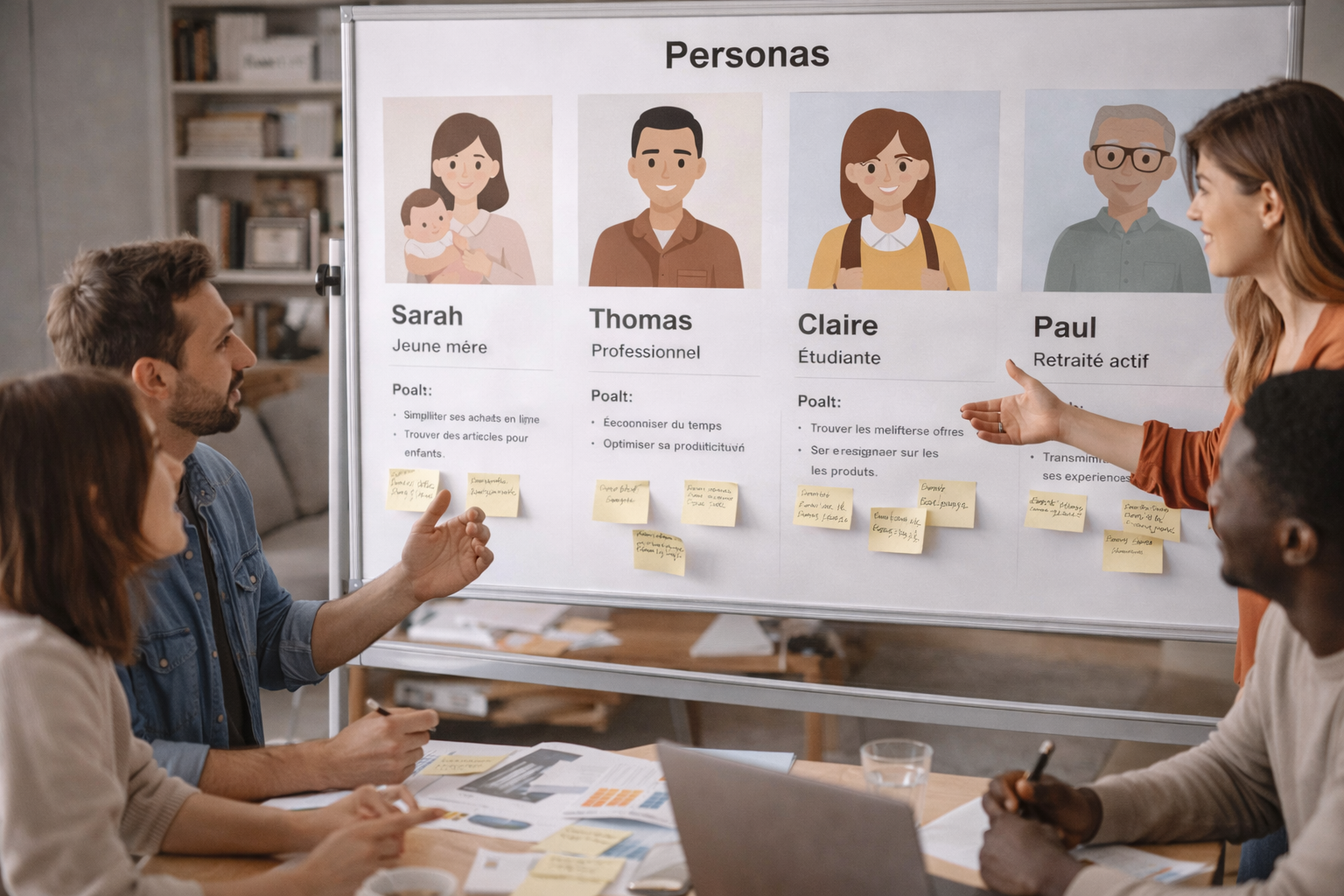 Équipe marketing présentant des personas clients sur tableau, analyse des profils utilisateurs pour stratégie digitale