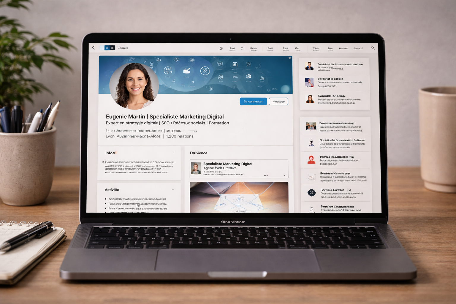 Ordinateur portable affichant un profil LinkedIn de spécialiste marketing digital sur un bureau, dans un espace de travail soigné