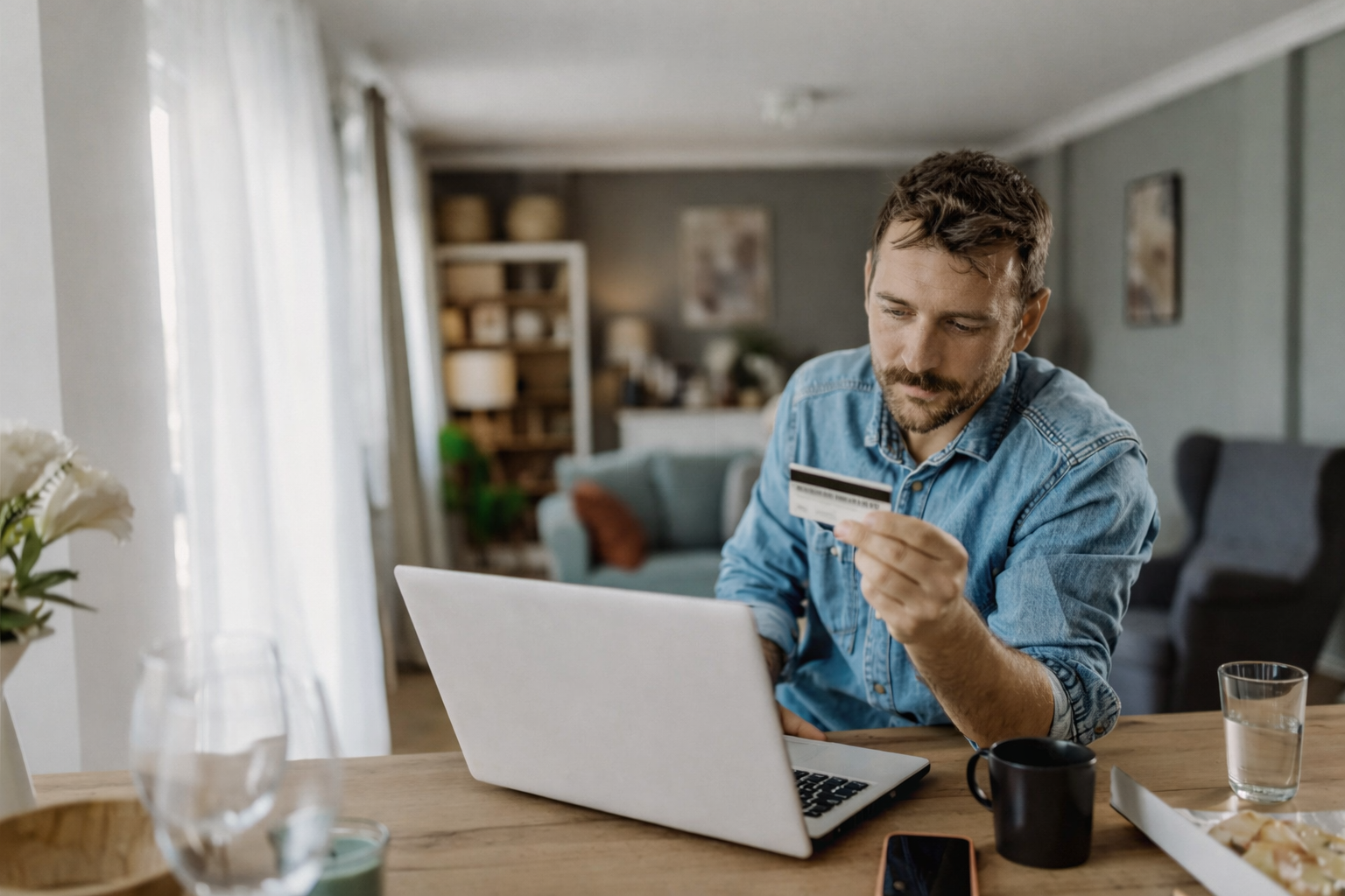 Homme effectuant un achat en ligne sur ordinateur portable, carte bancaire en main dans un intérieur domestique lumineux