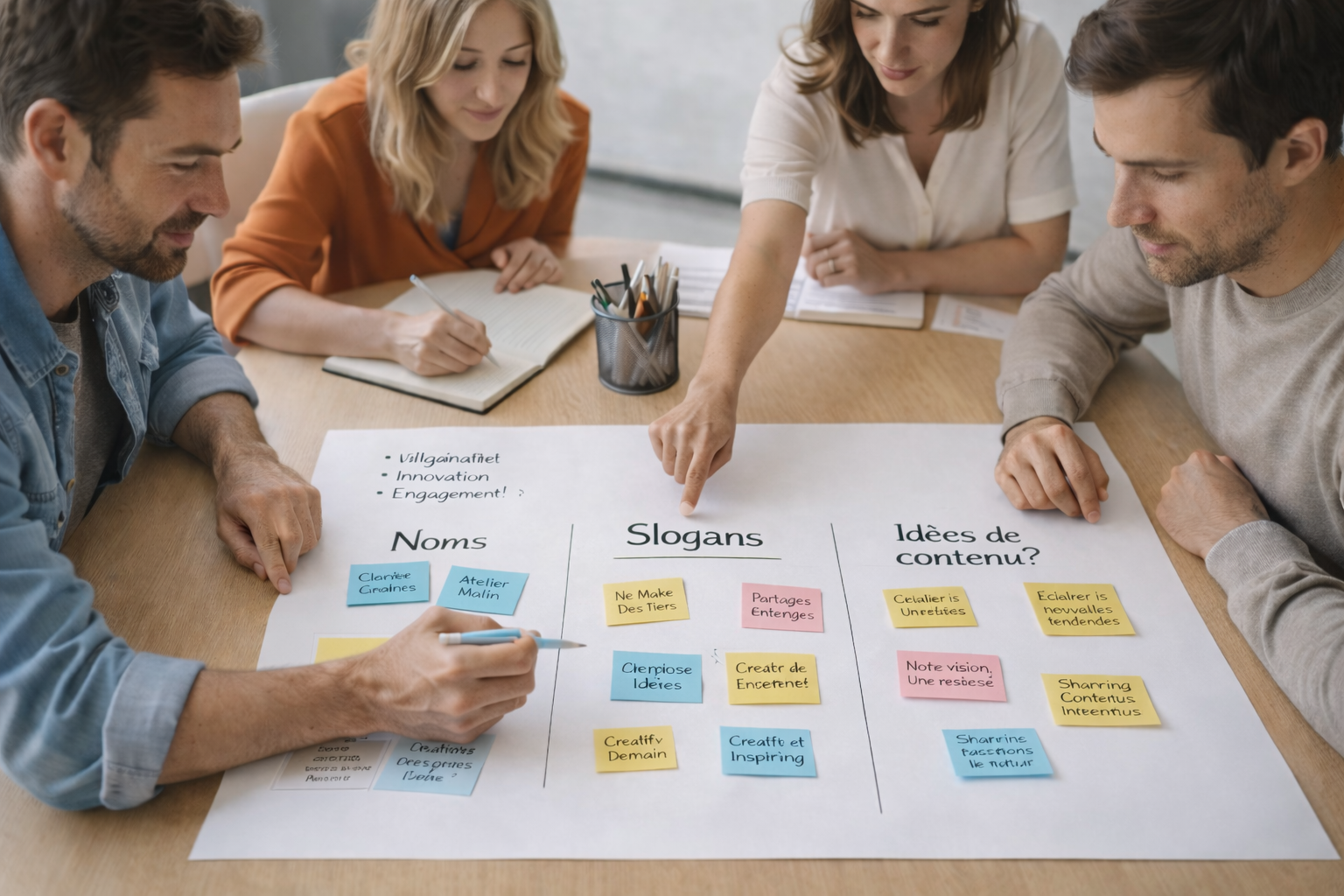 Équipe en brainstorming sur noms, slogans et idées de contenu, planification éditoriale avec post-it colorés