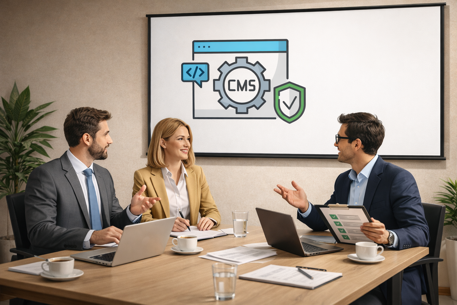 Réunion en entreprise avec trois professionnels autour d’une table, discutant de la maintenance et sécurité d’un site web affichée sur un écran avec icône CMS et bouclier de protection