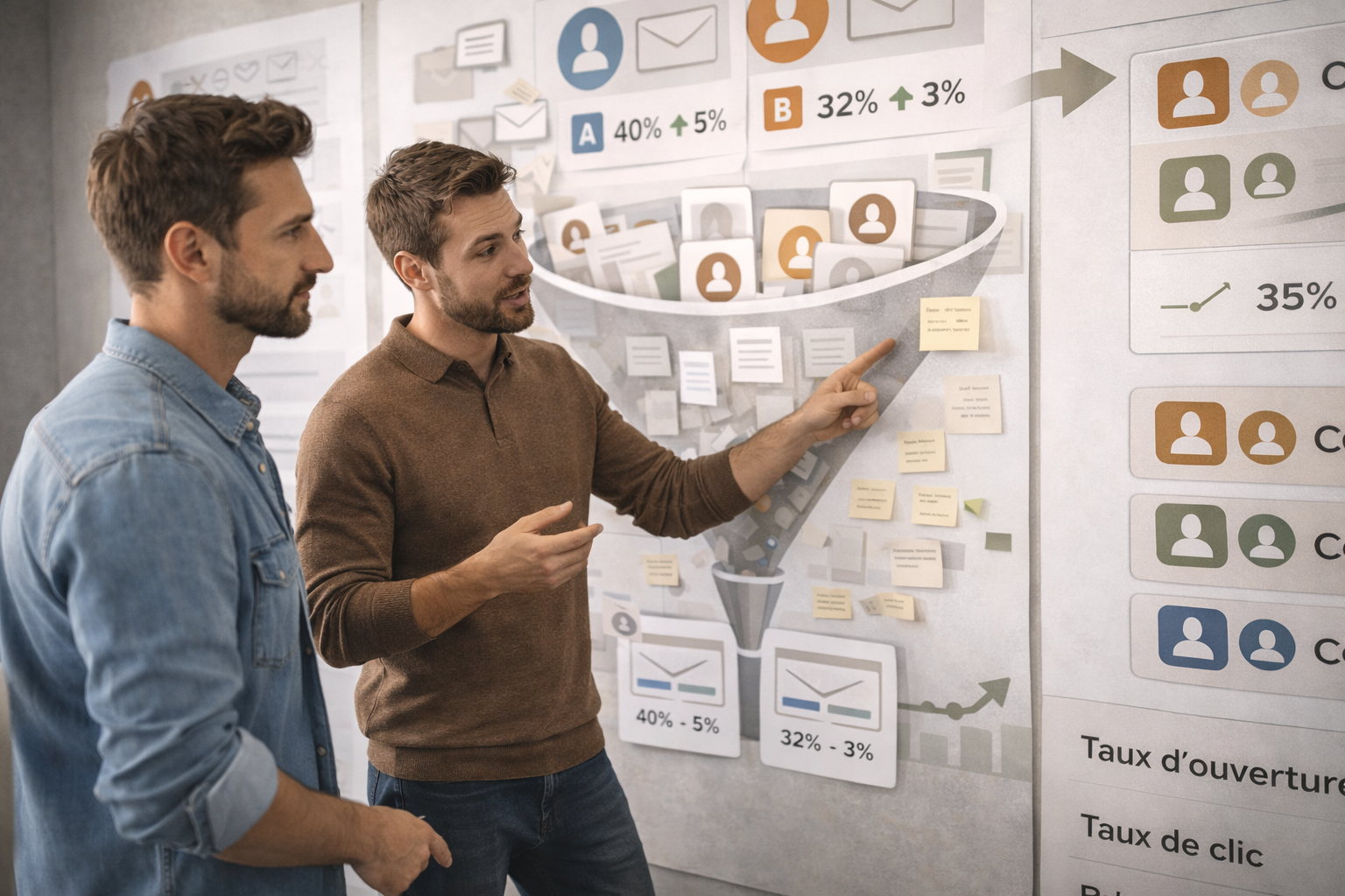 Deux collègues analysant un tunnel de conversion marketing avec segmentation, taux d’ouverture et performances de campagne