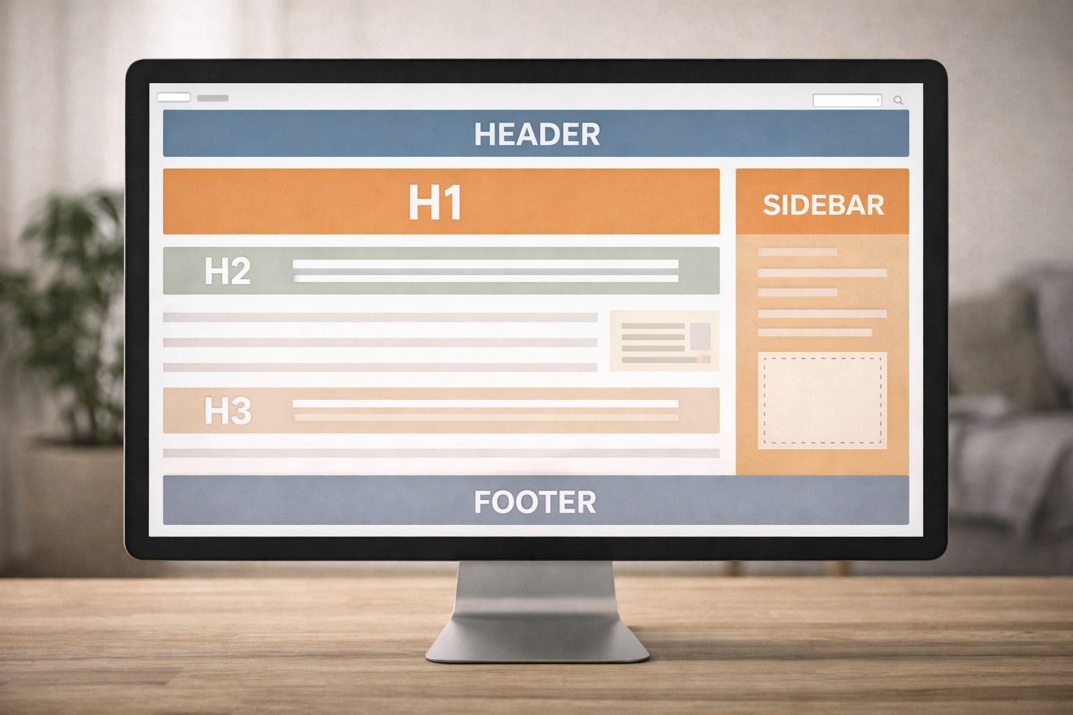 Écran d’ordinateur affichant une structure de page web avec balises H1, H2, H3, sidebar et footer pour le SEO